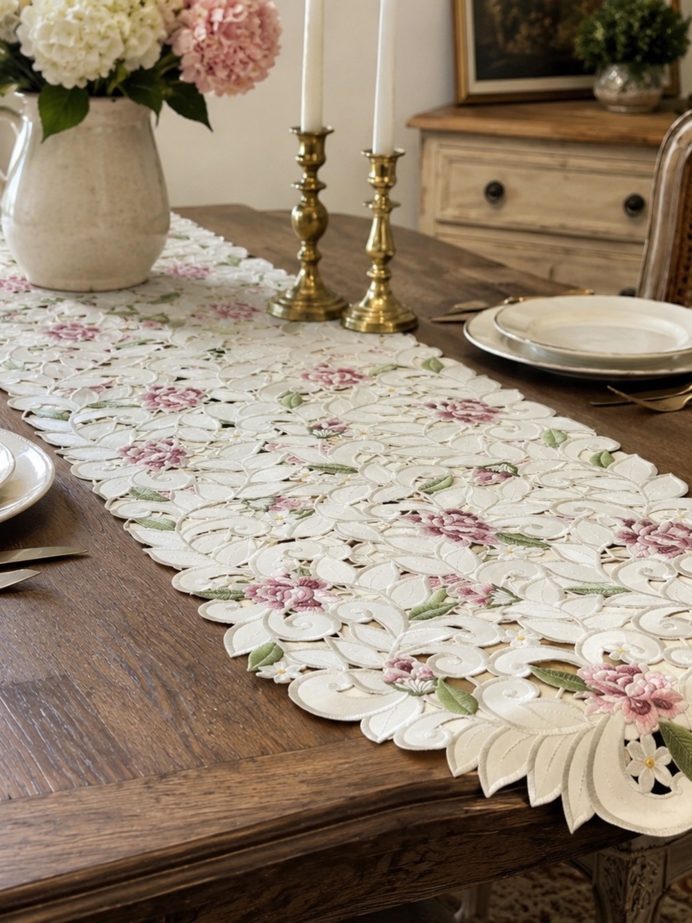 68” Embroidered Floral Cutwork  Table Runner Garden French Country Cottagecore